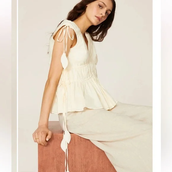 NWOT TORY BURCH Sleeveless Tie Top Smocked Peplum Ivory Shirt Blouse Size 14 - Picture 4 of 15